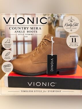 Vionic Country Mira Tan Leather Ankle Boots Women’s 11 NWT 355MIRA